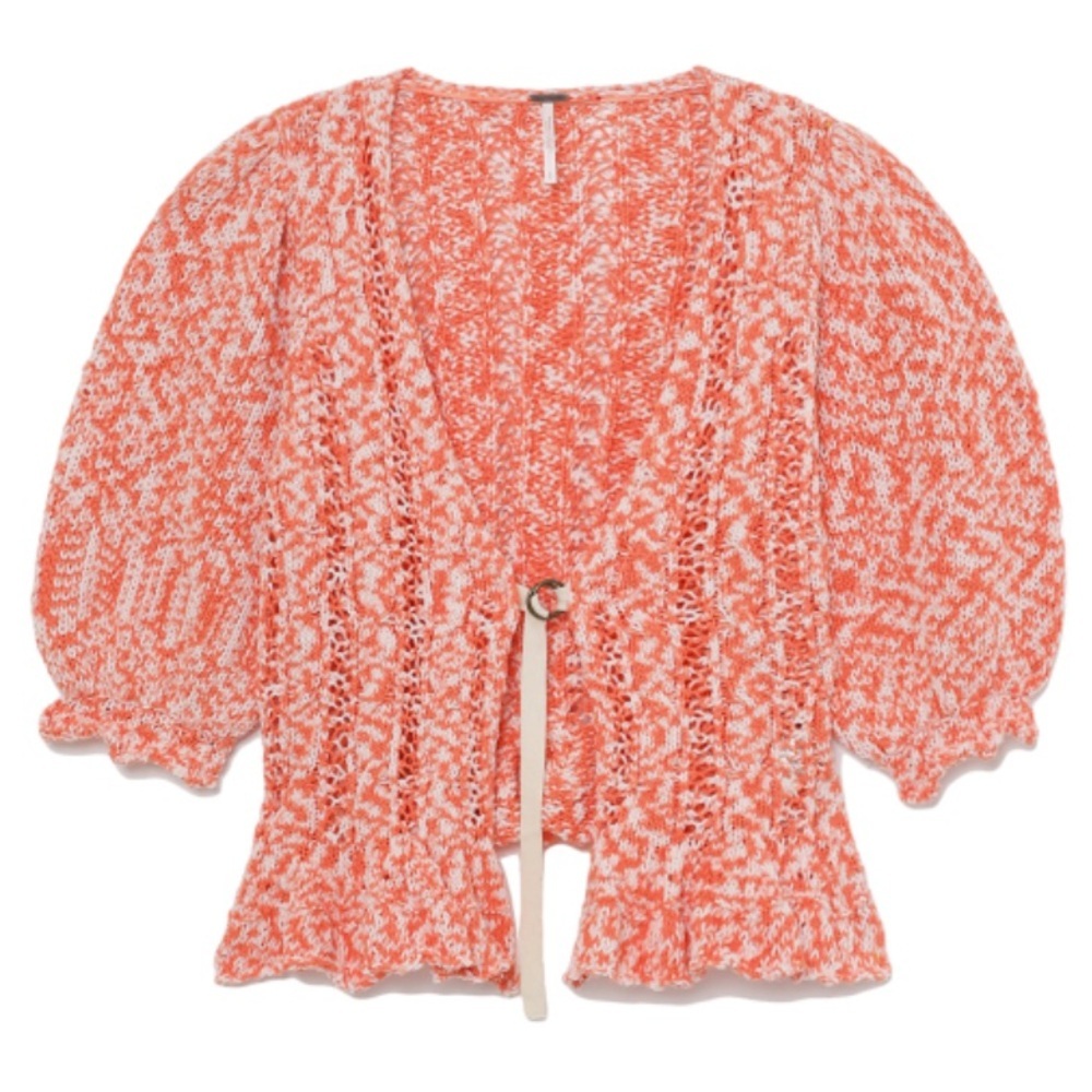 Free People Yesterday Tie Front Cardigan Cropped Cotton Knit Small Orange Red